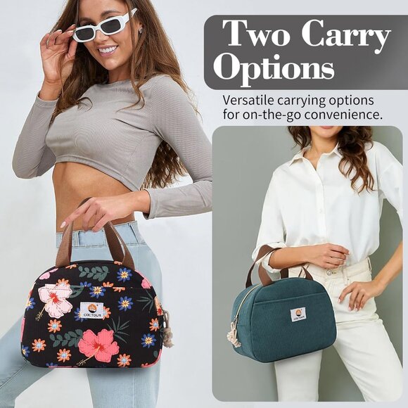 Cute Corduroy Lunch Box for Women & Teens, Insulated Flower Tote for Work - Picture 3 of 8